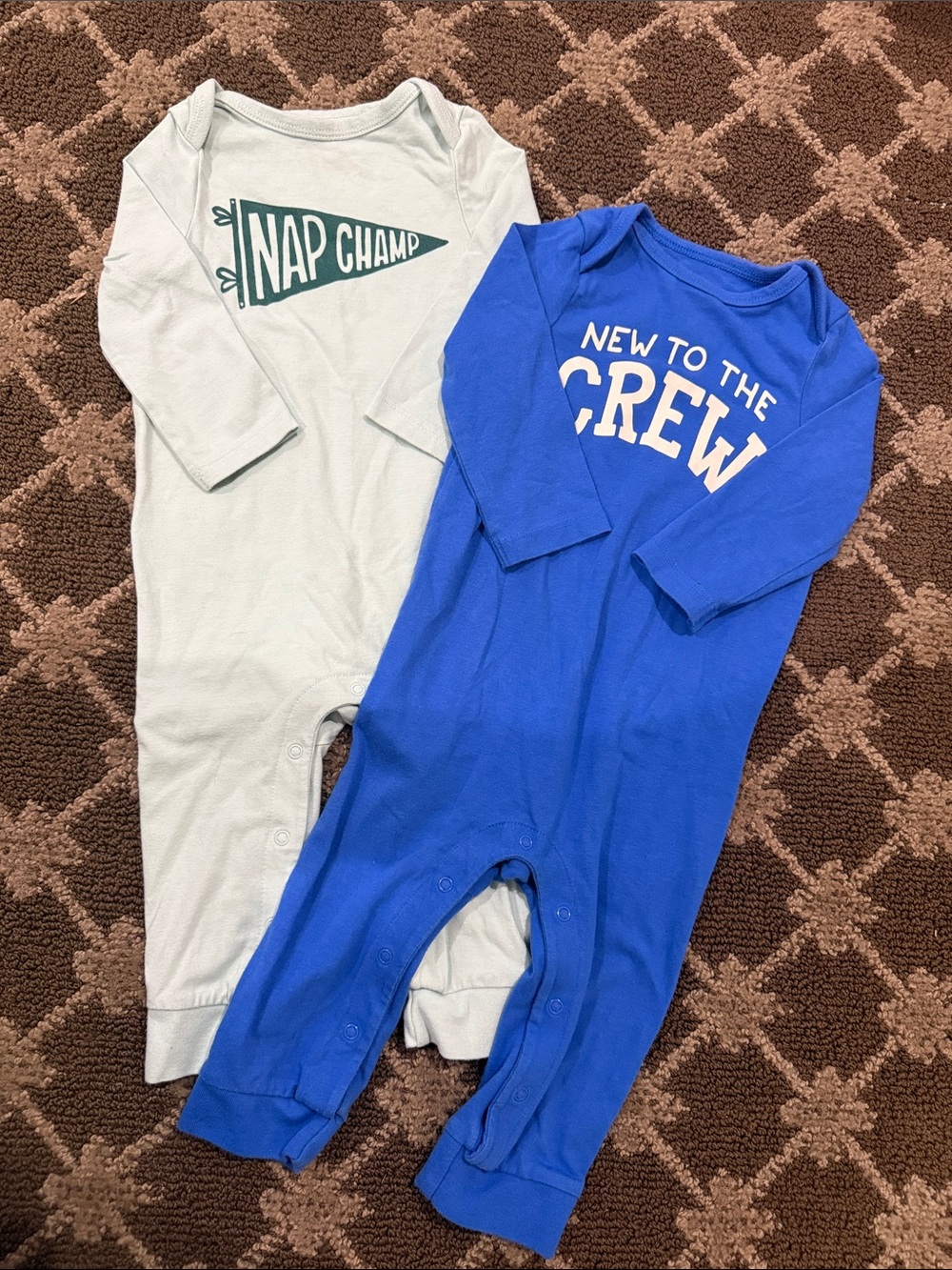 Blue "New to the Crew" Baby One-Piece Romper + Green “Nap Champ” Romper